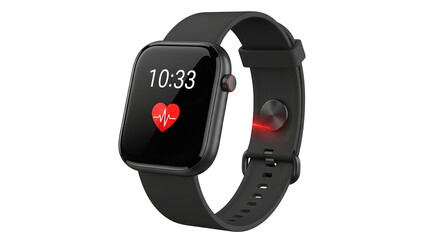 Fototapeta premium Modern electronic wrist worn device displays time and heart rate monitoring function against black background