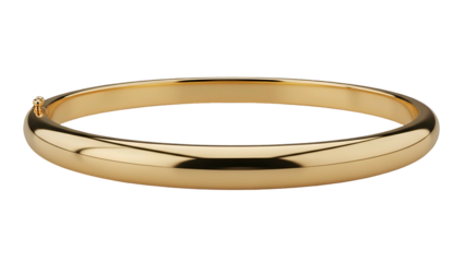 Smooth, polished gold hinged bangle displays a classic, luxurious design against a dark backdrop