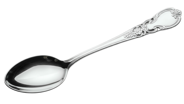 Highly polished silverware utensil featuring an ornate, decorative handle against a deep black background