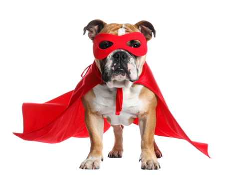 Bulldog Superhero in Red Cape Standing Proudly, Front View, isolated on transparent background