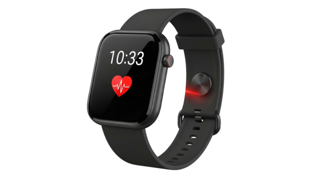 Modern electronic wrist worn device displays time and heart rate monitoring function against black background