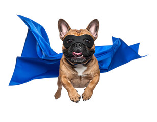 Flying French Bulldog Superhero in Dynamic Mid-Air Pose with Blue Cape, isolated on transparent background