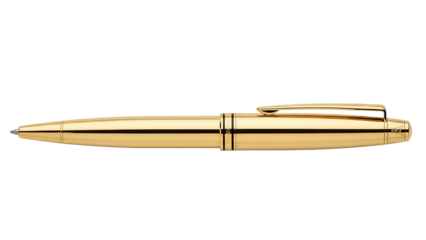 Polished golden writing instrument rests against a deep black background
