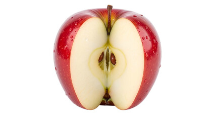 Fresh, juicy red fruit is cleanly sliced in half, revealing its white interior and seeds against a dark background