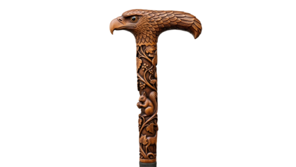 Ornate wooden walking stick features an intricately carved raptor head atop a detailed nature-themed shaft