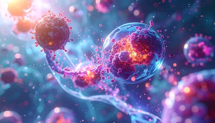 Microscopic view of floating cells with bright pink and orange internal structures against a bokeh background