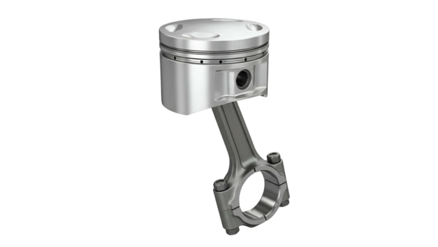 Metallic internal combustion engine piston assembly rendered in three dimensions against a dark background