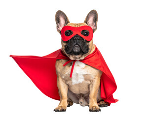 Heroic French Bulldog in Red Cape Standing Confidently, Front View, isolated on transparent background