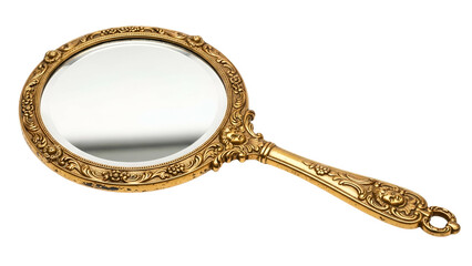 Ornate antique hand mirror with richly detailed golden frame resting on a dark background