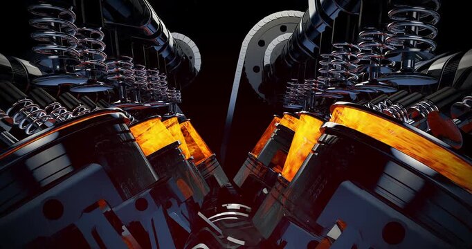 Working V8 engine showing piston movement and combustion motion inside of car. Car engine related 3d animation.