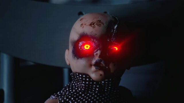 Creepy porcelain doll with burnt face on rocking chair, its eyes illuminate with menacing red glow. Supernatural horror for Halloween, haunted house, and paranormal thriller concepts.
