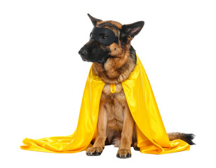 Calm German Shepherd Sitting Sideways Wearing Yellow Cape and Mask, isolated on transparent background