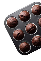 Freshly baked chocolate cupcakes in muffin tray