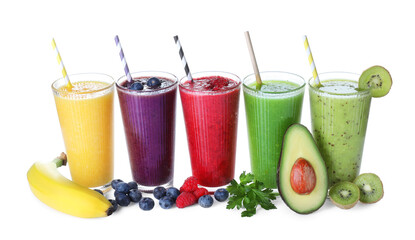 Different tasty smoothies in glasses and ingredients isolated on white