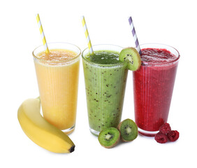 Different tasty smoothies in glasses and ingredients isolated on white