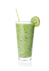 Tasty smoothie in glass and cut kiwi isolated on white