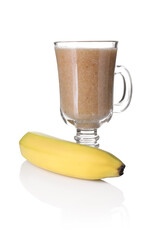 Tasty smoothie in glass and banana isolated on white