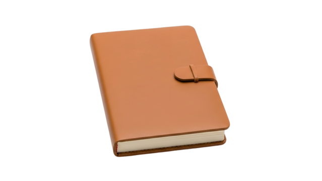 Closed light brown leather bound notebook with a strap closure rests against a solid black background