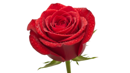Vibrant red rose blossom displays numerous delicate water droplets against a solid black background