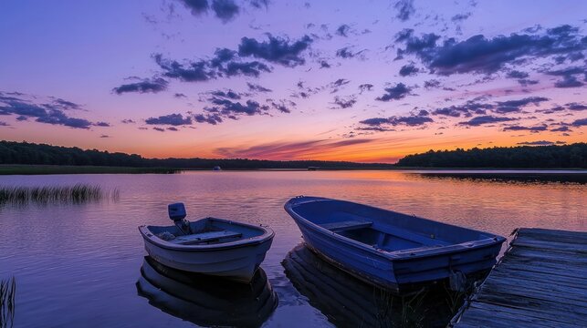 Two blue rowboats docked at a wooden pier on a calm lake at sunset, with a vibrant sky filled with clouds and hues of orange, pink, and purple.
