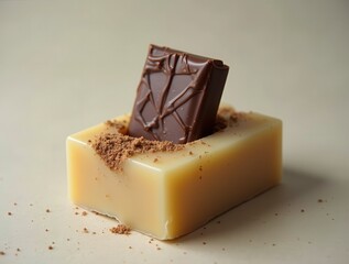 Chocolate piece dipped in cocoa powder rests on soap bar