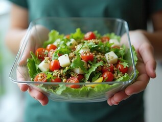 Chef holding healthy fresh salad with lettuce, cherry tomatoes, cheese, and bulgur