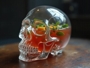 Bloody mary cocktail filling a glass skull on wooden table