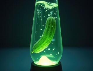 Glowing pickle lava lamp floating in green liquid