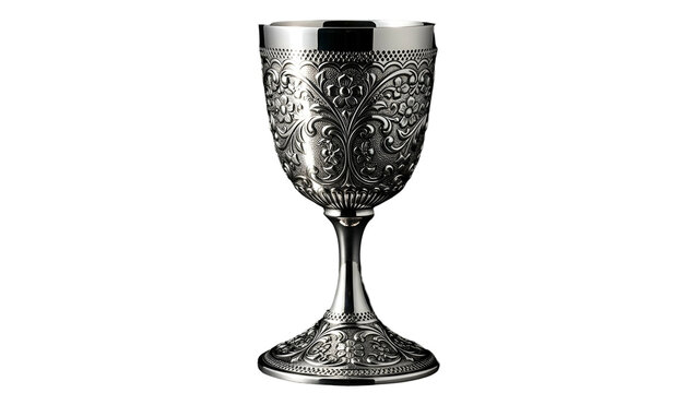 Highly detailed sterling silver goblet features intricate baroque engraving against a dark background