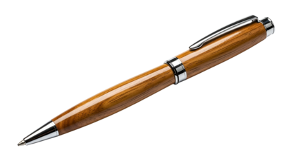 Luxurious wooden ballpoint writing instrument rests against a solid black background