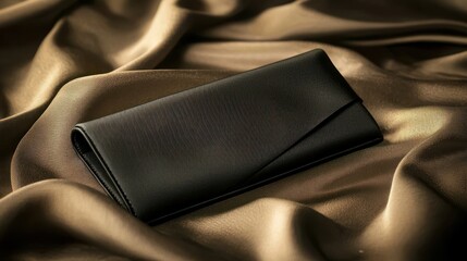 A black leather wallet with an envelope design, placed on a brown silk fabric with a subtle sheen, creating a luxurious and elegant setting.