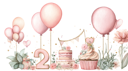 Charming watercolor birthday decorations featuring pink balloons cakes and number two isolated on transparent background