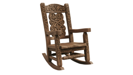 Ornate wooden rocking chair displays detailed traditional carvings against a dark background