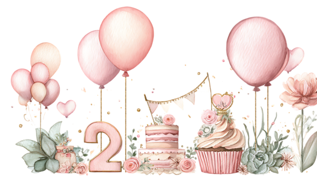 Charming watercolor birthday decorations featuring pink balloons cakes and number two isolated on transparent background