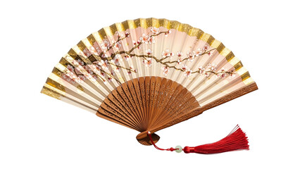 Decorative folding hand fan featuring delicate pink blossoms and a bright red tassel against a dark background