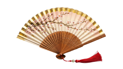 Decorative folding hand fan featuring delicate pink blossoms and a bright red tassel against a dark background