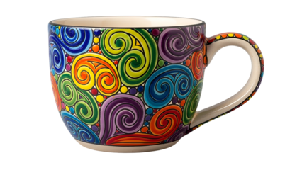 Ceramic beverage container features vibrant, multicolored swirling decorative patterns against a dark background