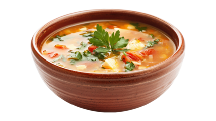 Gourmet soup in brown bowl isolated on a transparent background