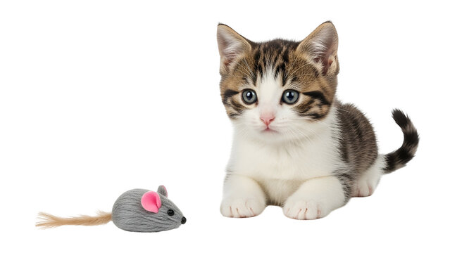 Small tabby and white kitten intently observes a plush toy mouse against a dark background