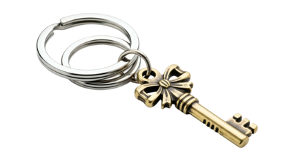 Ornate antique style key pendant attached to silver split rings against a black background