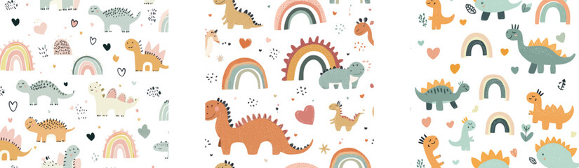 A trendy adventure theme is depicted in this modern illustration of a seamless Dino pattern, showcasing Scandinavian style and pastel colors, designed for kids and baby fashion textile prints