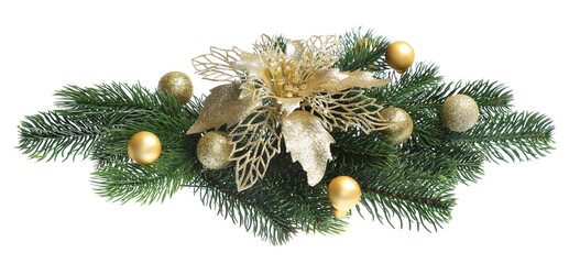 Christmas tree branches and festive decor isolated on white