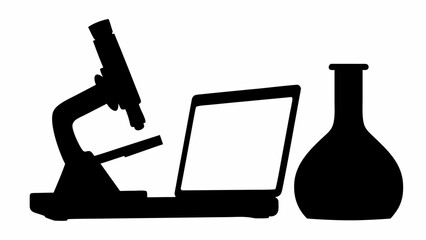 Silhouette of a microscope next to a laptop and a flask representing science and research tools