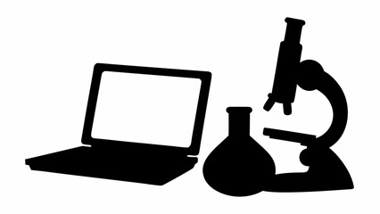 Silhouette of a laptop, round bottom flask and a microscope representing science and technology field