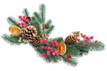 Christmas tree branches and festive decor isolated on white