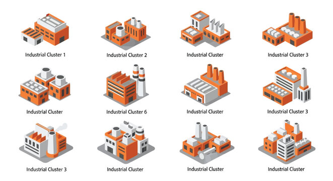 Isometric industrial buildings and factory complexes in orange and white tones