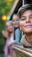 A young boy looking out the window of a train