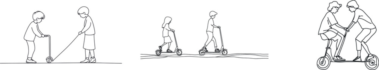 Continuous one-line artwork features two kids playing scooter, conveying a heartwarming scene of childhood friendship and an act of kindness