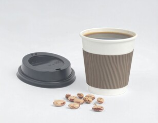 Disposable Paper Coffee Cup with Lid and Beans on White Background.