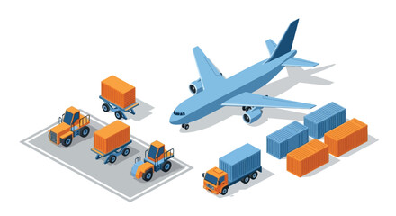 Isometric illustration of cargo plane with containers and transport vehicles © Md Anisur Rahman 
